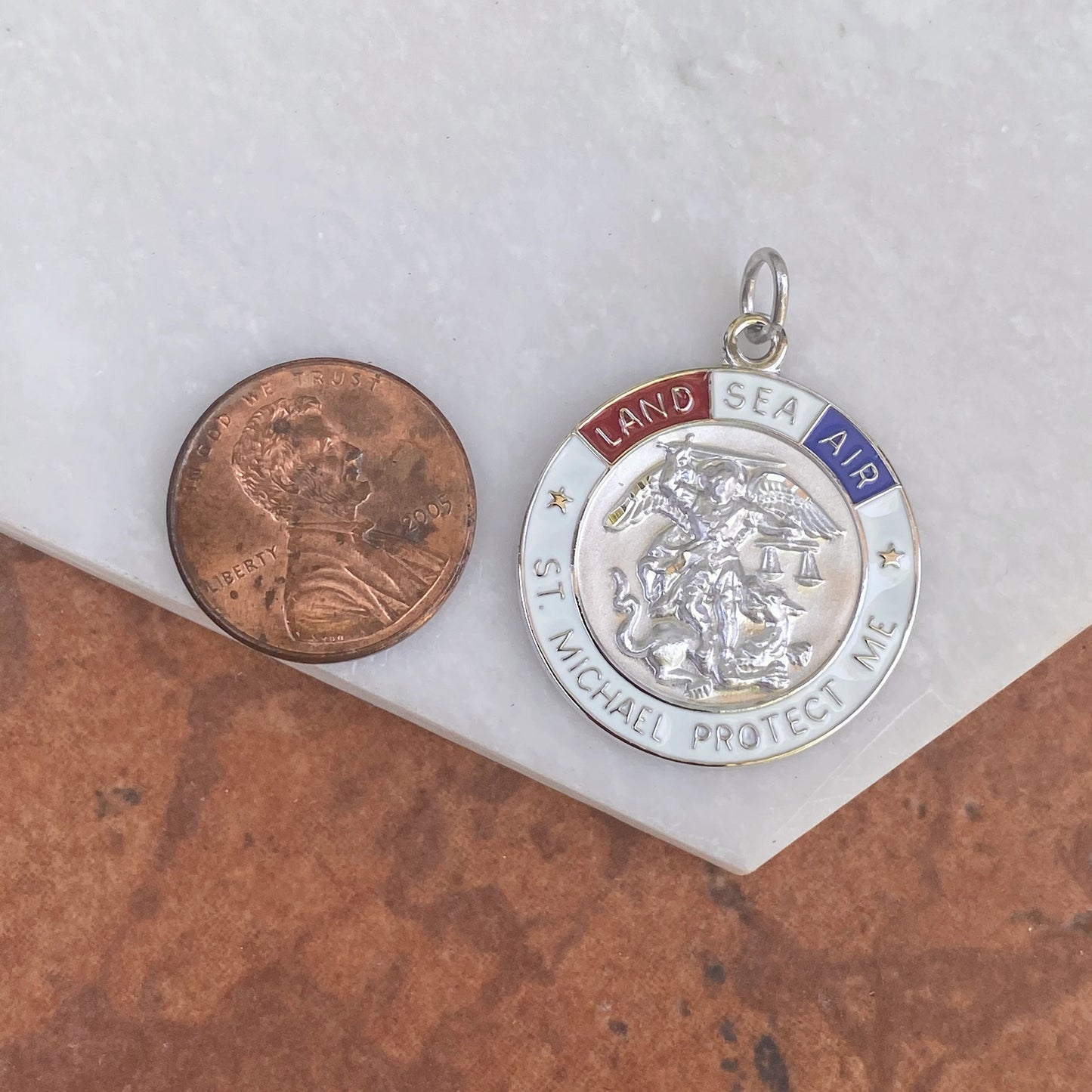 Sterling Silver Red, White, Blue St Michael Patron Saint of Military Round Medal Pendant