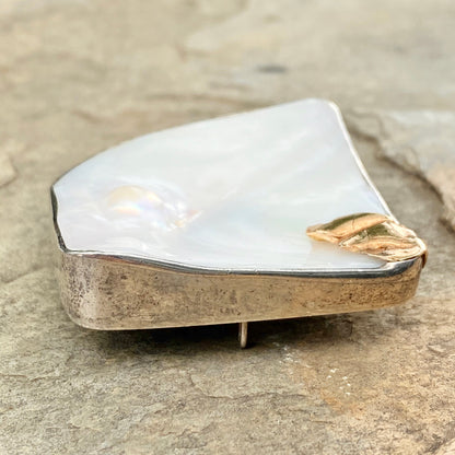 14KT Yellow Gold Sterling Silver Mabe Blister Pearl Pin Pendant Signed