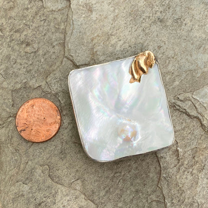 14KT Yellow Gold Sterling Silver Mabe Blister Pearl Pin Pendant Signed