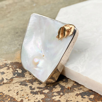 14KT Yellow Gold Sterling Silver Mabe Blister Pearl Pin Pendant Signed