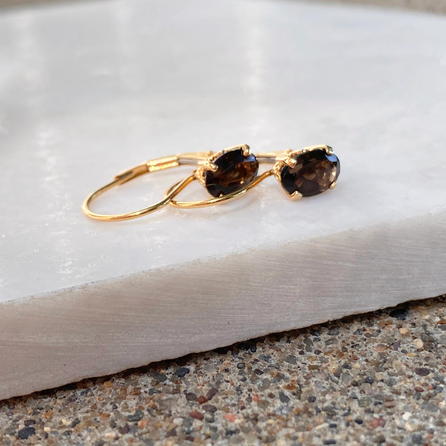 14KT Yellow Gold Smoky Quartz Filigree Lever Back Drop Earrings