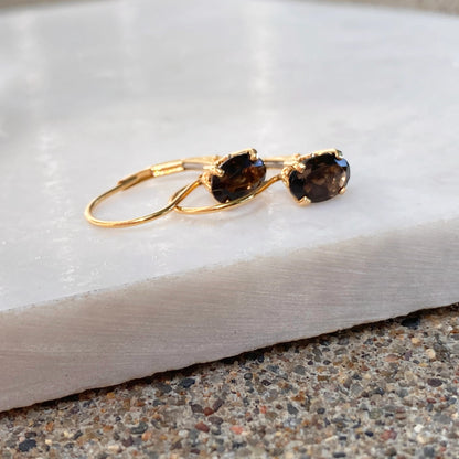 14KT Yellow Gold Smoky Quartz Filigree Lever Back Drop Earrings