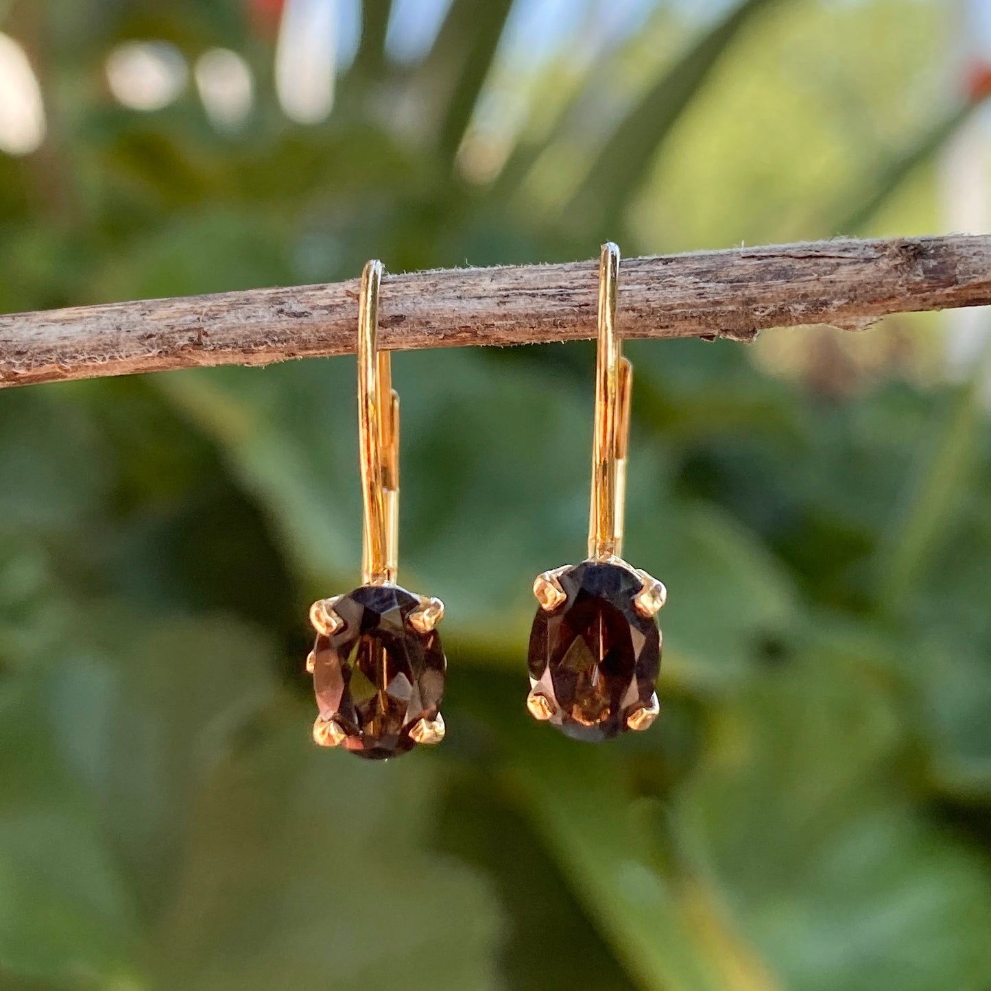 14KT Yellow Gold Smoky Quartz Filigree Lever Back Drop Earrings