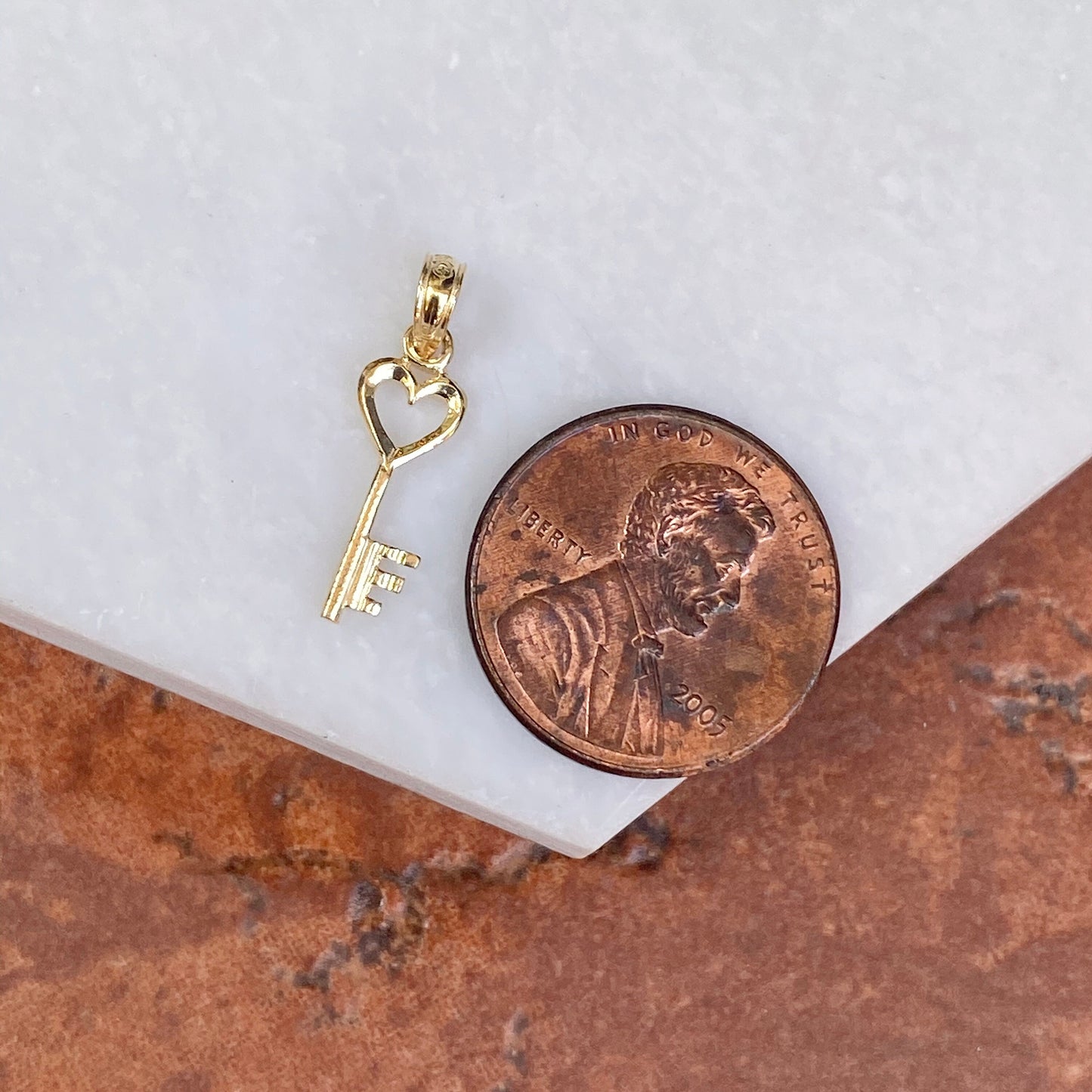 10KT Yellow Gold Shiny Mini Key + Heart Charm Pendant