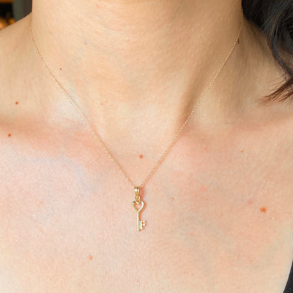 10KT Yellow Gold Shiny Mini Key + Heart Charm Pendant