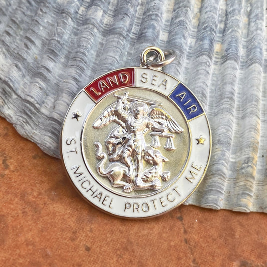 Sterling Silver Red, White, Blue St Michael Patron Saint of Military Round Medal Pendant