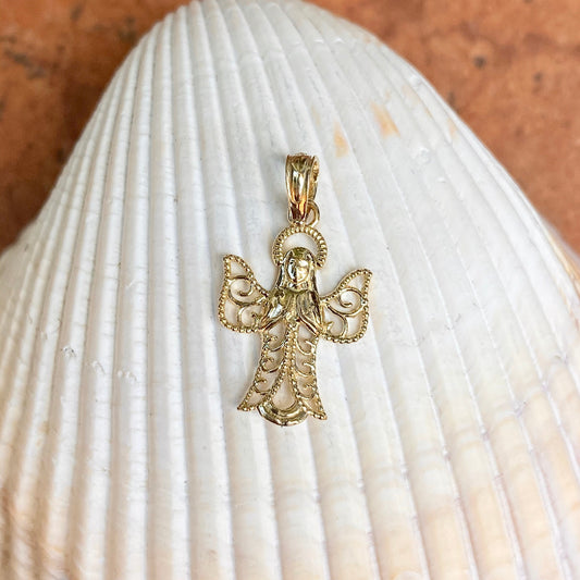 10KT Yellow Gold Guardian Angel Filigree Cut-Out 2D Textured Pendant Charm