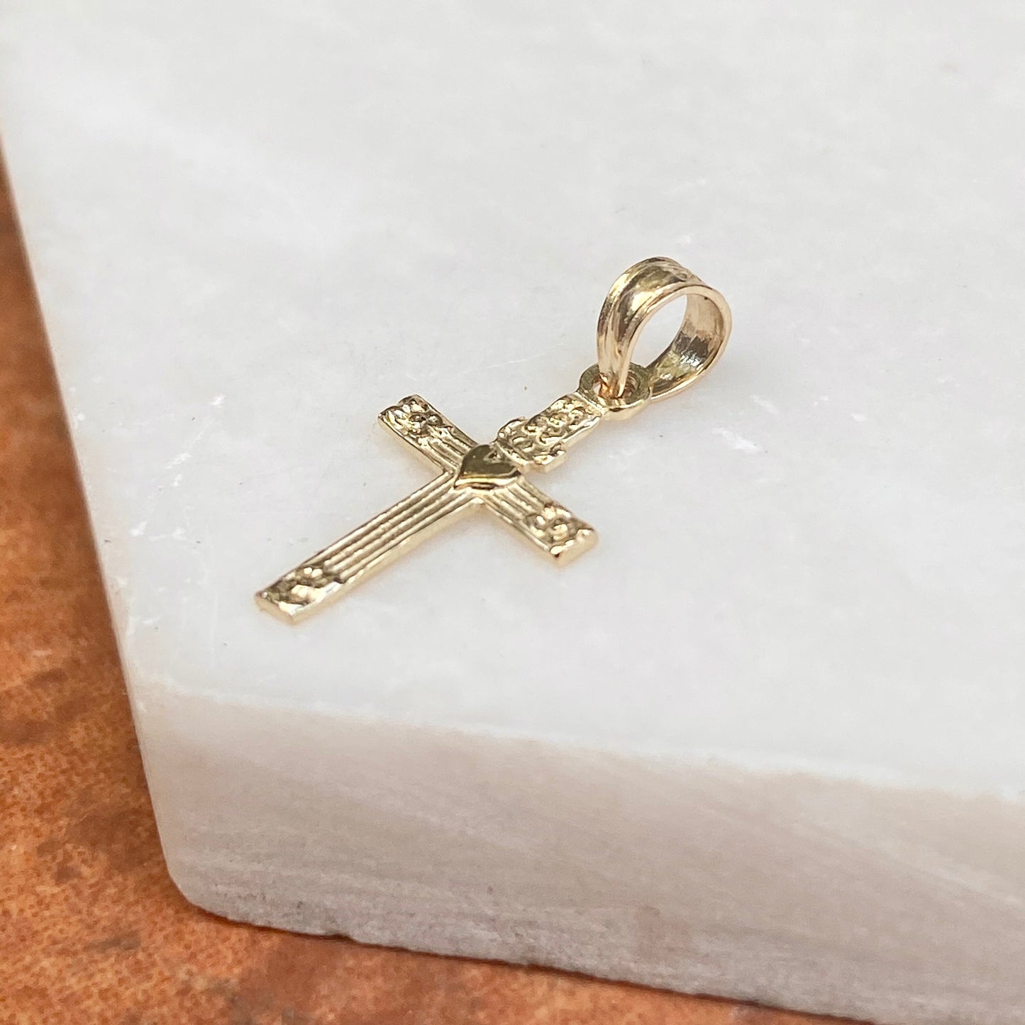 14KT Yellow Gold Cross with Heart Detailed Mini Size Pendant Charm