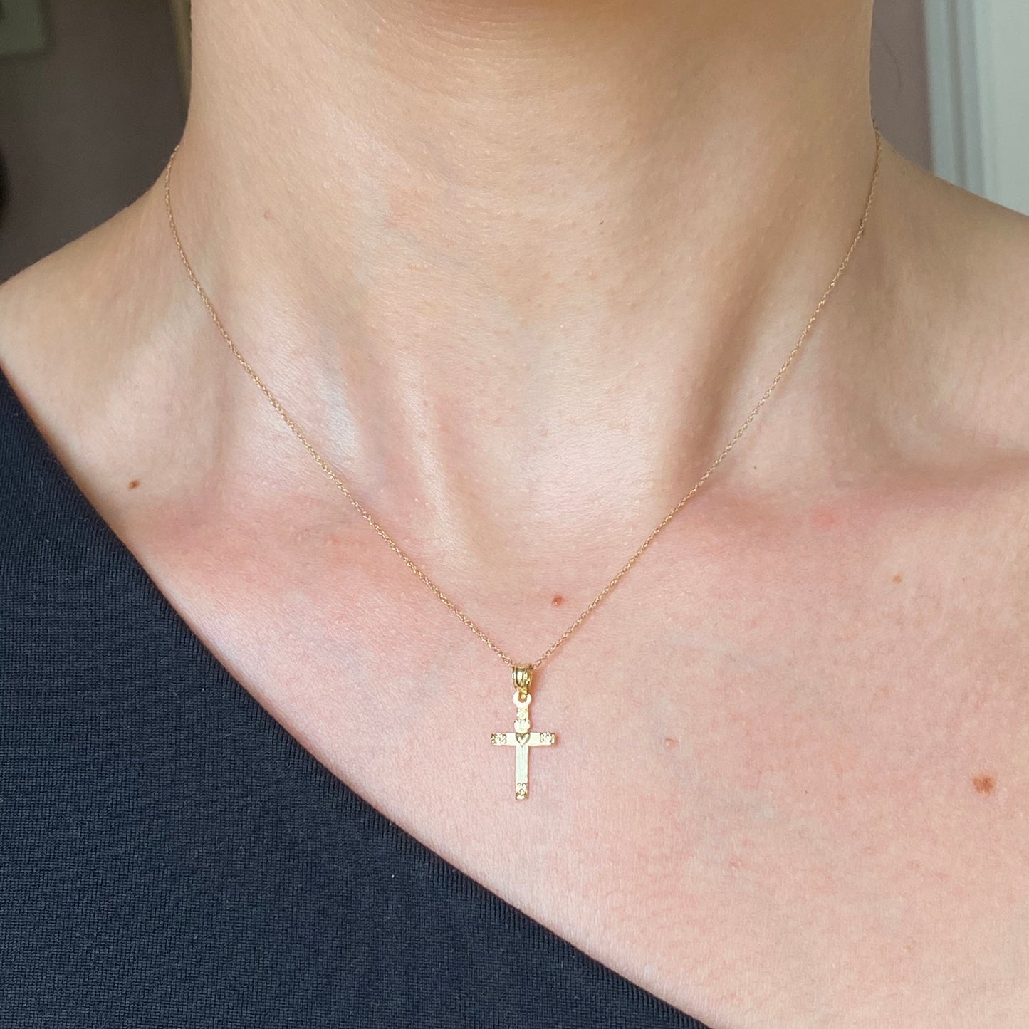 14KT Yellow Gold Cross with Heart Detailed Mini Size Pendant Charm