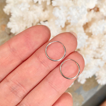 14KT White Gold Hoop Shiny 1mm Endless Hoop Earrings 12mm