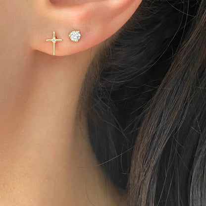 14KT Yellow Gold CZ Cross Post Stud Earrings