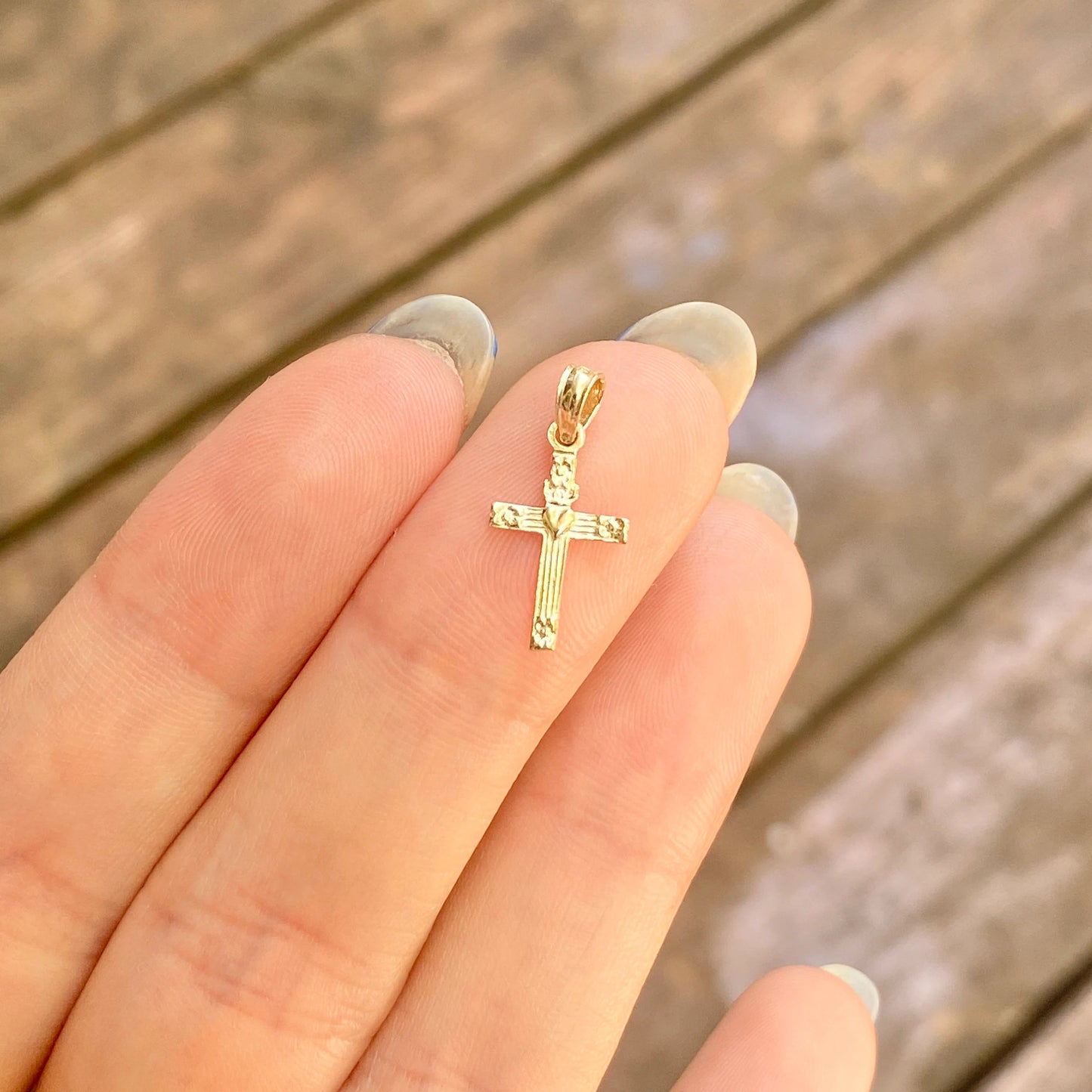 14KT Yellow Gold Cross with Heart Detailed Mini Size Pendant Charm