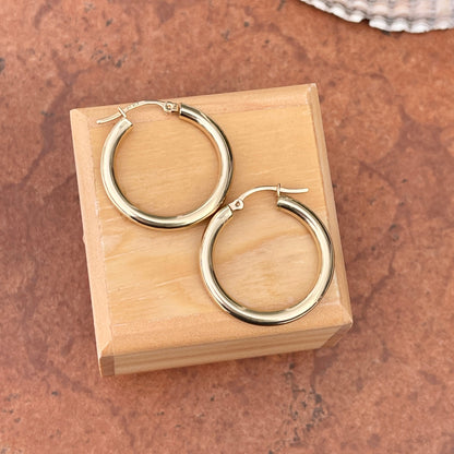 14KT Yellow Gold Shiny Hollow 3mm Tube Hoop Earrings 25mm