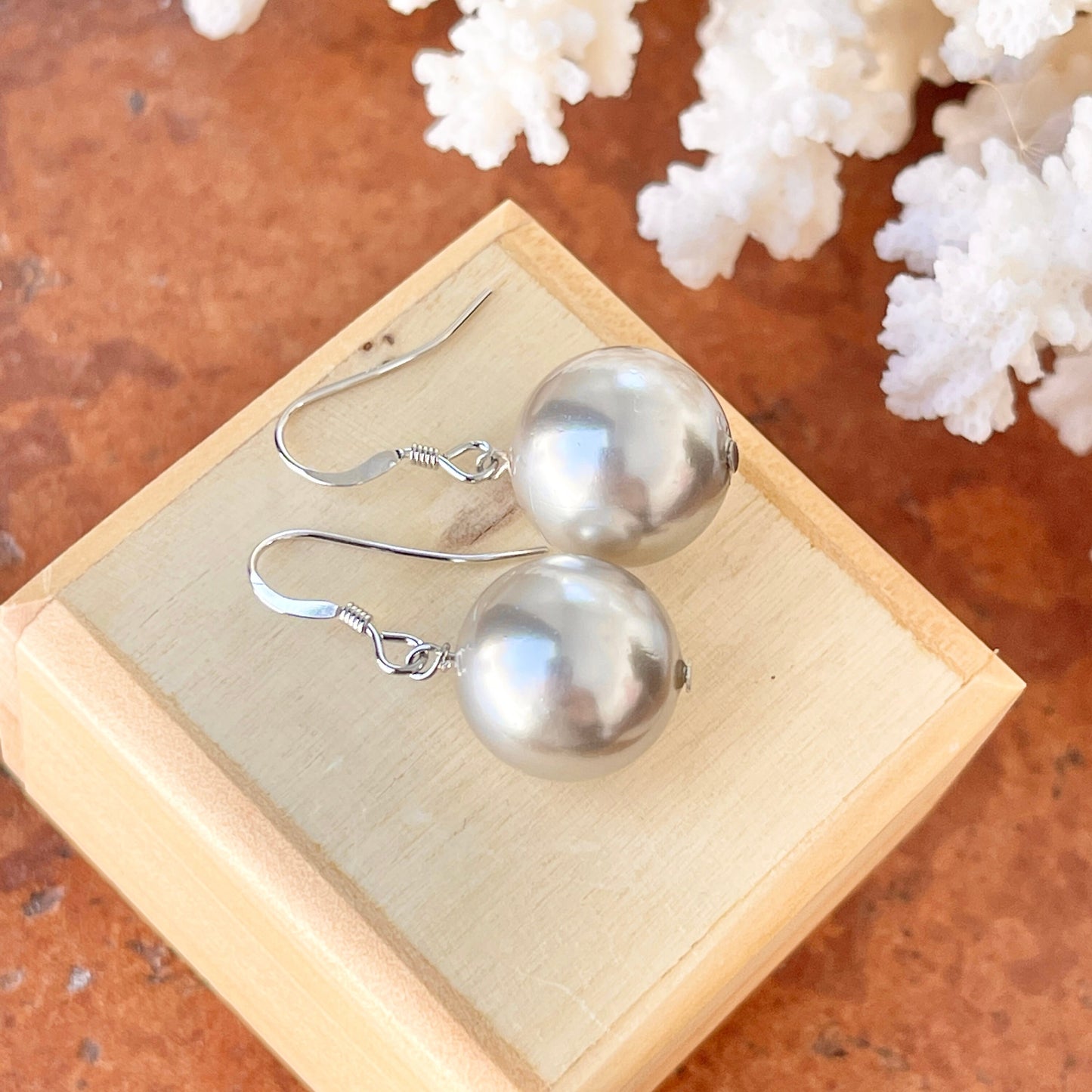 Sterling Silver Euro Wire Light Gray Pearl Ball Dangle Earrings