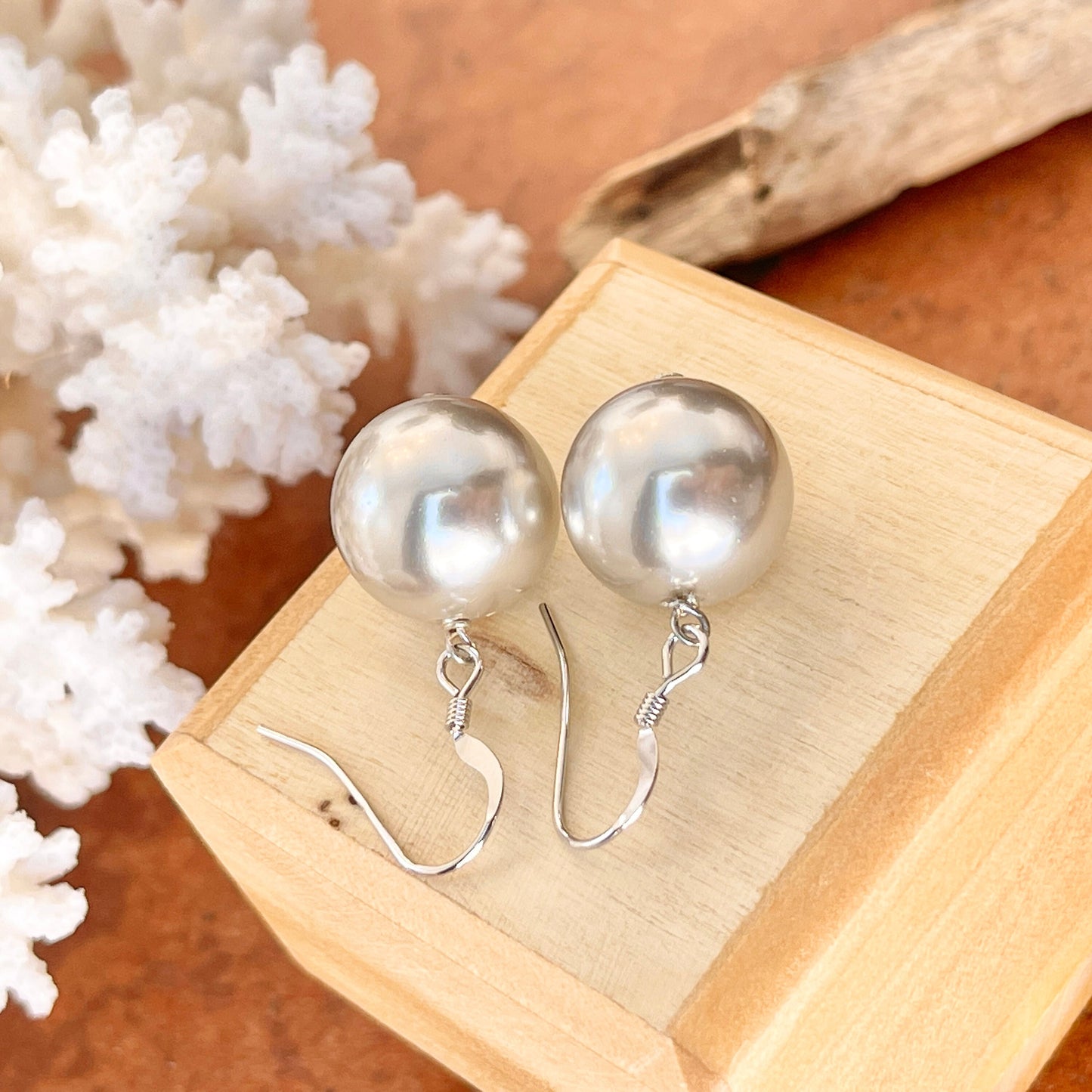 Sterling Silver Euro Wire Light Gray Pearl Ball Dangle Earrings