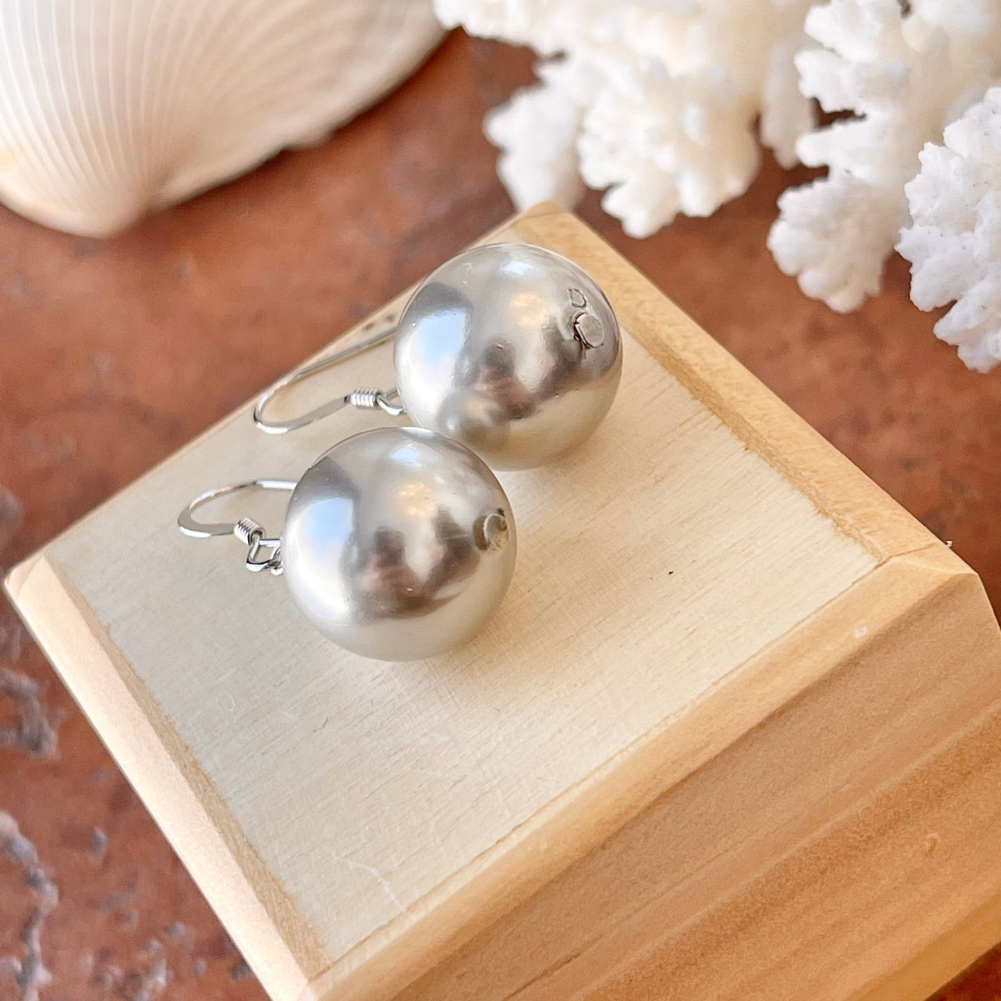 Sterling Silver Euro Wire Light Gray Pearl Ball Dangle Earrings