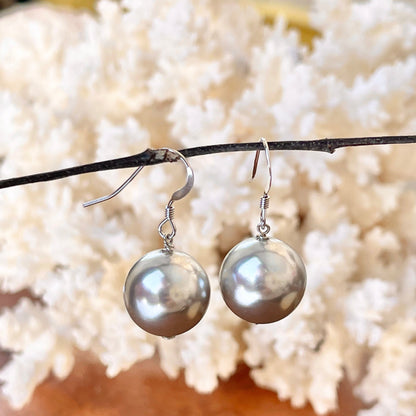 Sterling Silver Euro Wire Light Gray Pearl Ball Dangle Earrings
