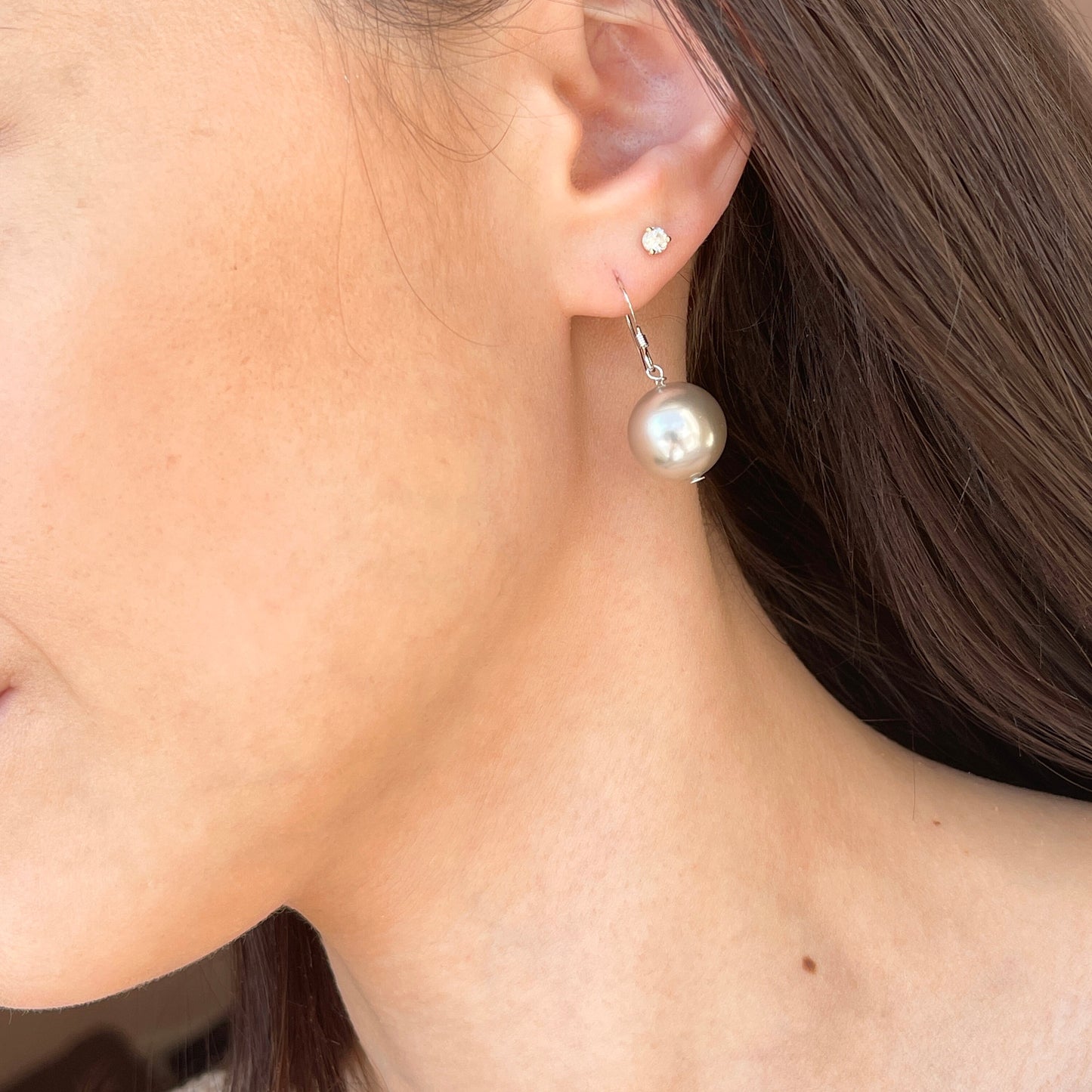 Sterling Silver Euro Wire Light Gray Pearl Ball Dangle Earrings