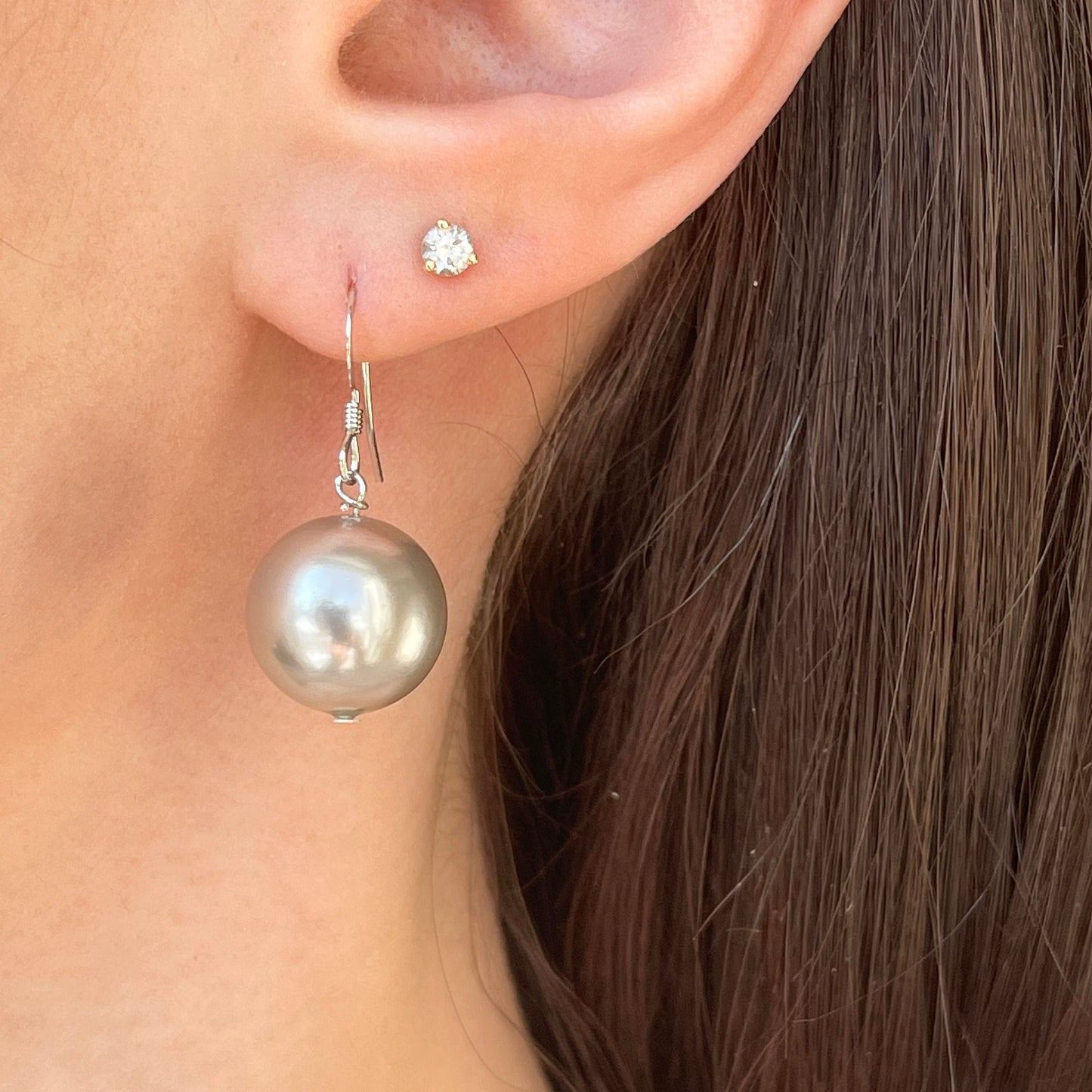 Sterling Silver Euro Wire Light Gray Pearl Ball Dangle Earrings