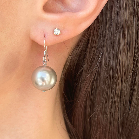 Sterling Silver Euro Wire Light Gray Pearl Ball Dangle Earrings