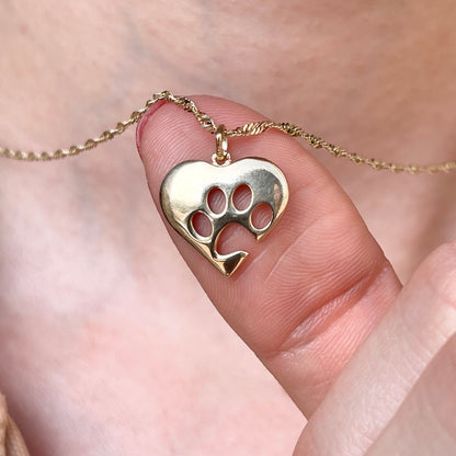 10KT Yellow Gold Paw Print Heart Pendant Charm