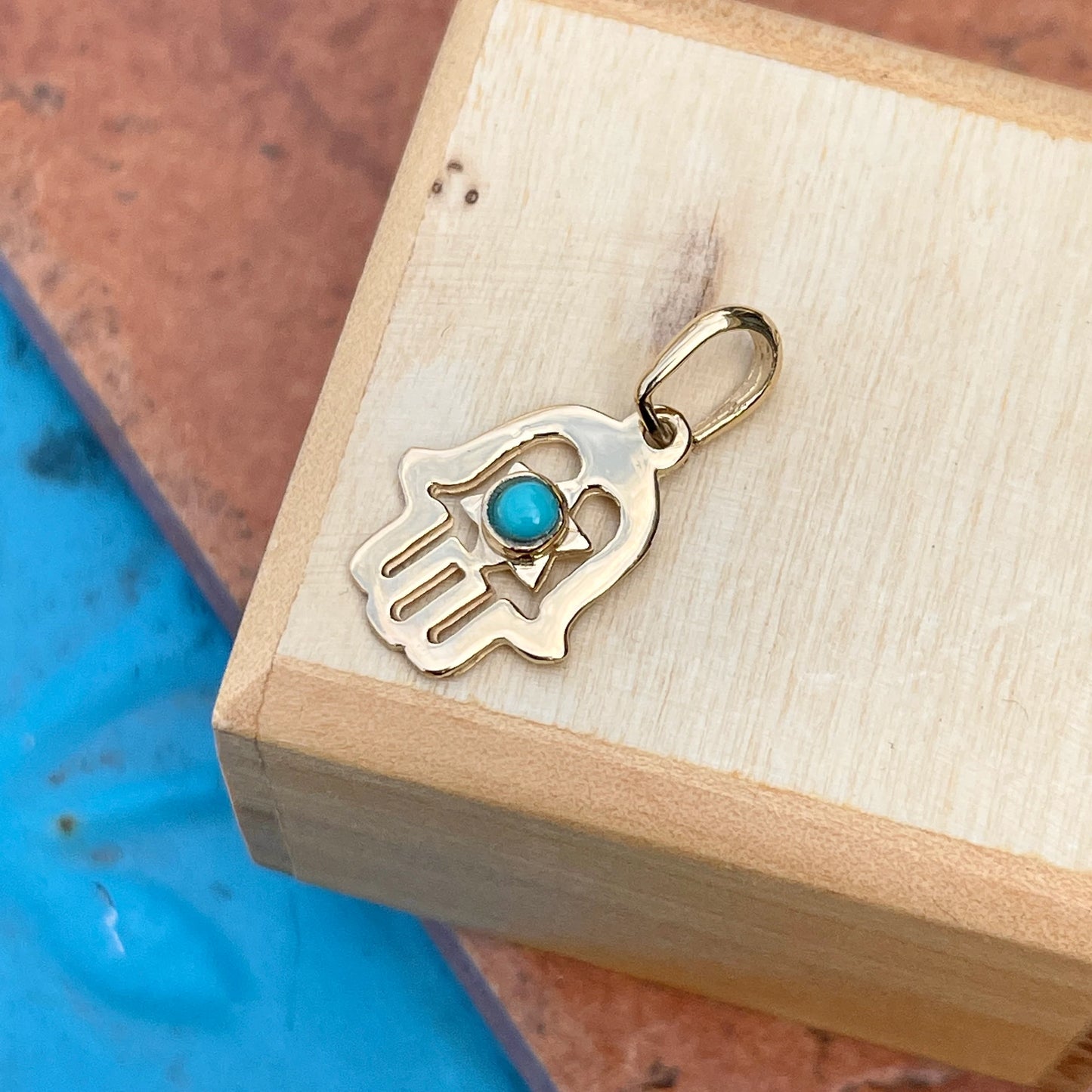 14KT Yellow Gold Turquoise Star of David Hamsa Pendant