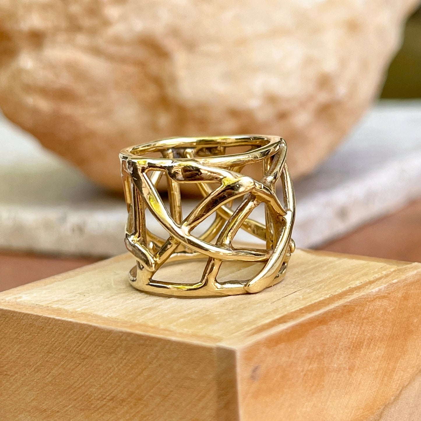 10KT Yellow Gold Wide Artistic Design Cigar Band Ring