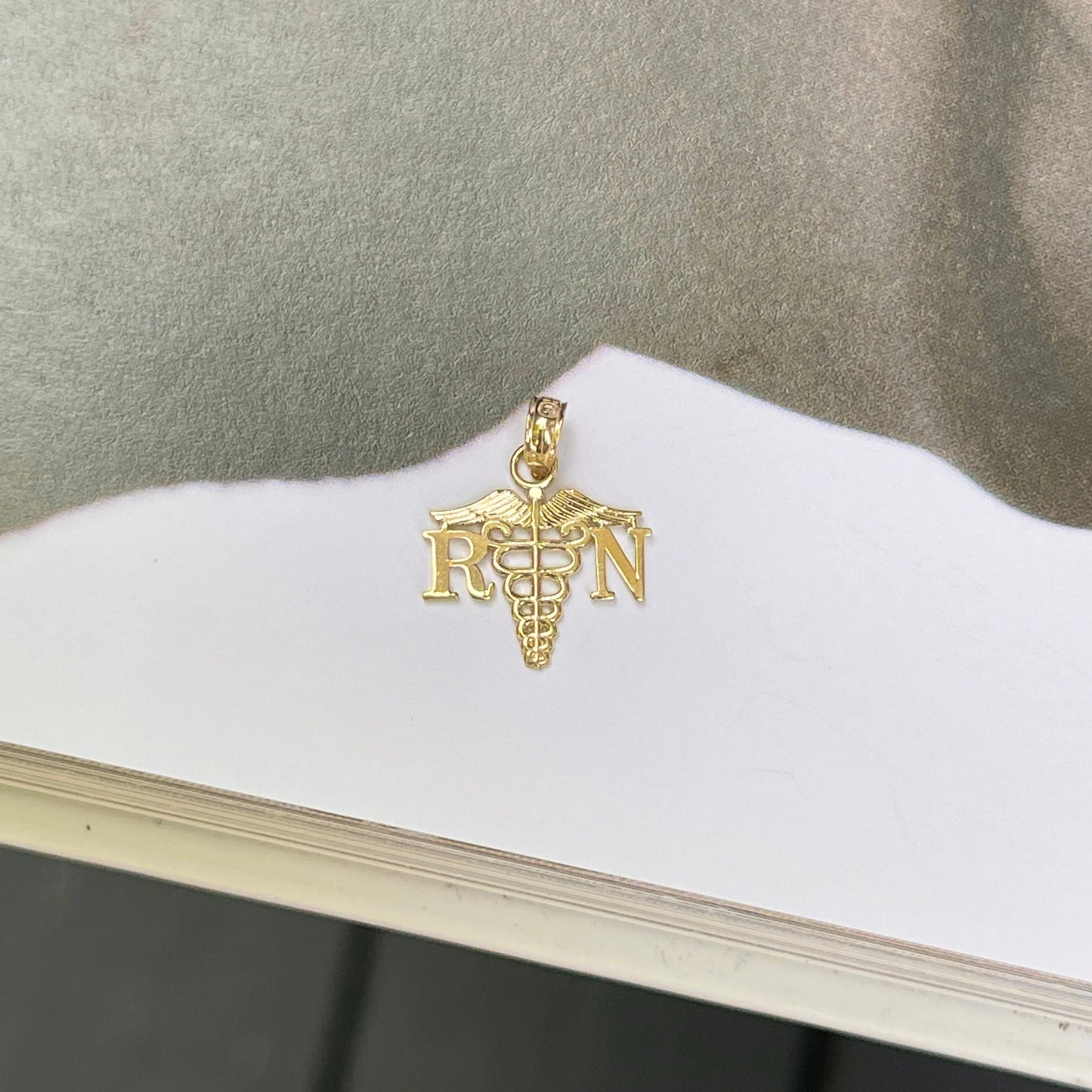 14KT Yellow Gold RN Caduceus Small Pendant Charm