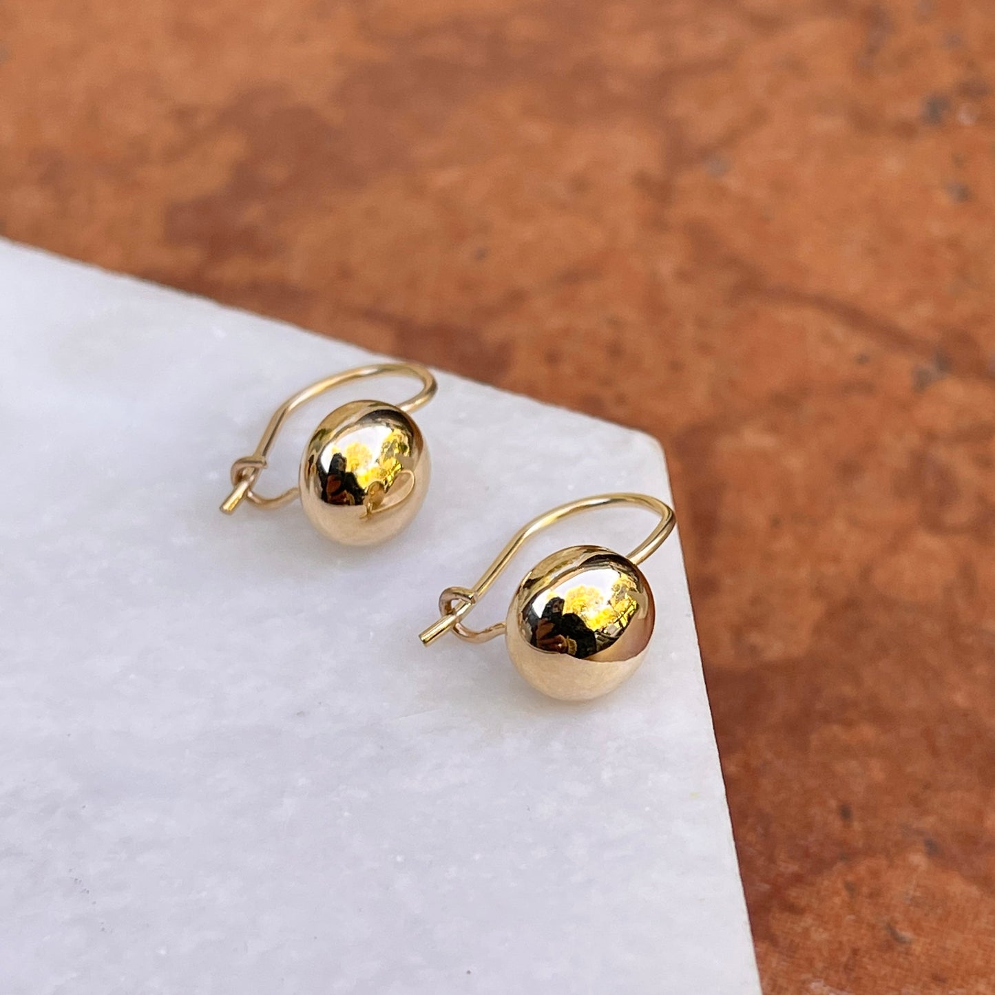 14KT Yellow Gold Button Ball Drop Dangle Kidney Wire Earrings 8mm