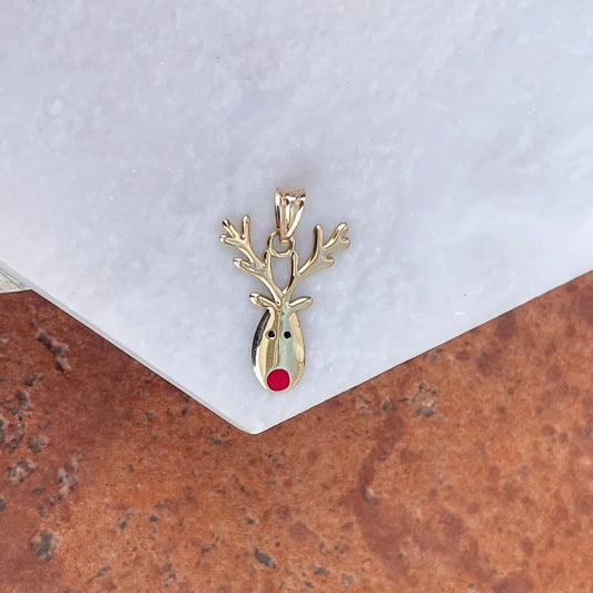 14KT Yellow Gold Reindeer Red Enamel Nose Flat Pendant Charm