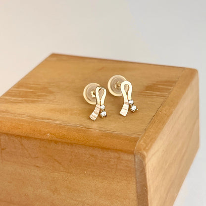 14KT Rose Gold + Yellow Gold Mini Breast Cancer Awareness Ribbon Stud Earrings