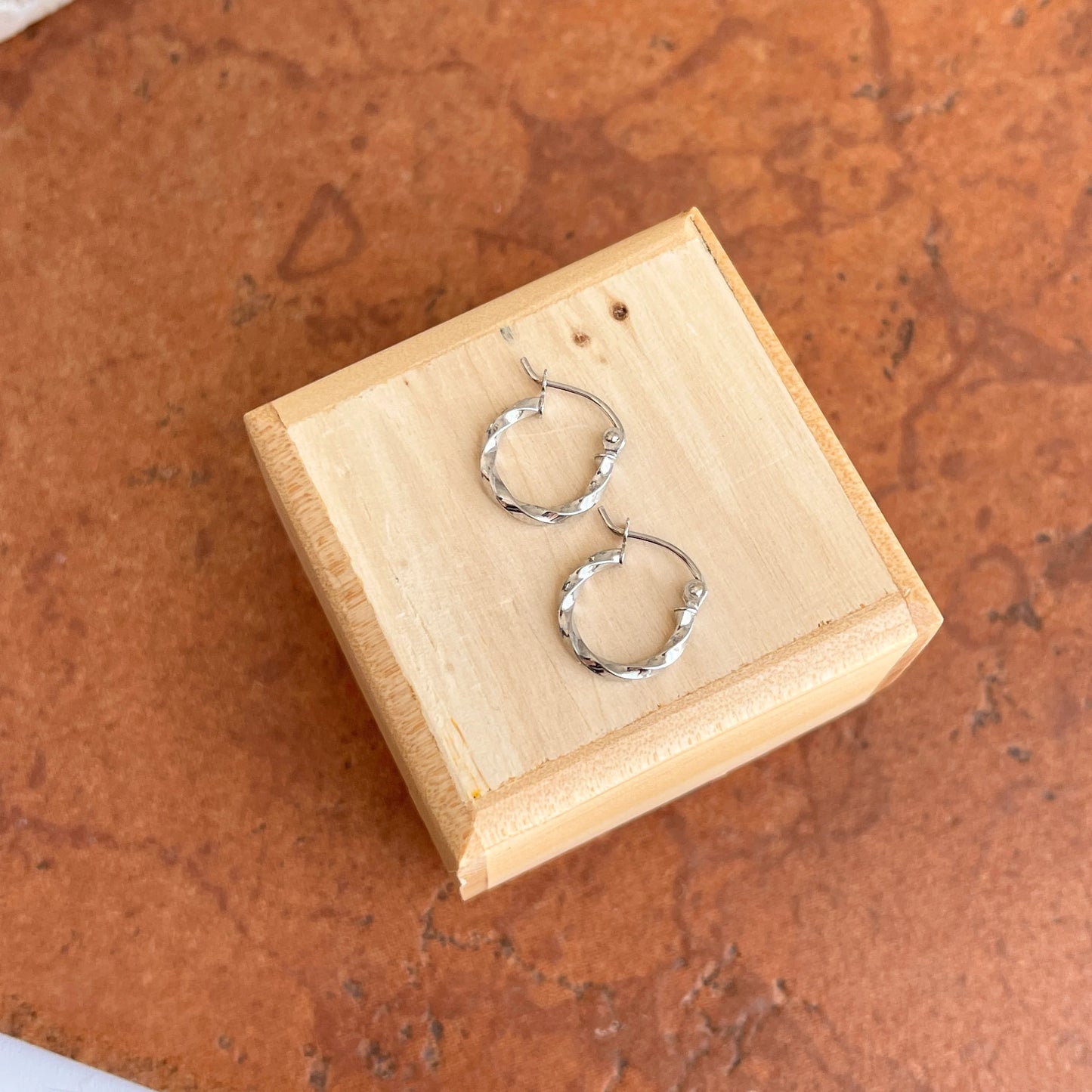 10KT White Gold 2mm Twisted Tube Mini Hoop Earrings 12mm