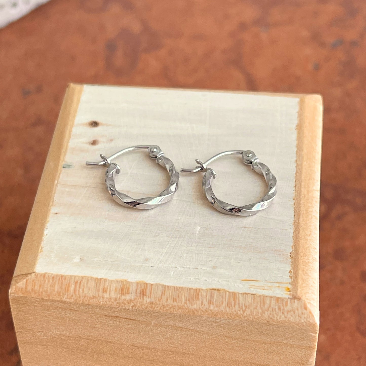 10KT White Gold 2mm Twisted Tube Mini Hoop Earrings 12mm