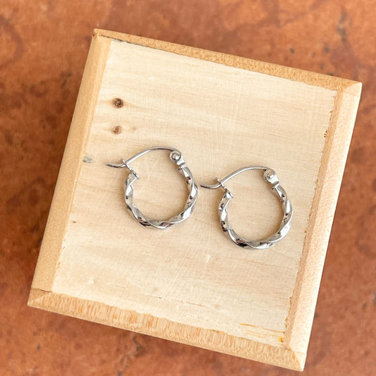 10KT White Gold 2mm Twisted Tube Mini Hoop Earrings 12mm