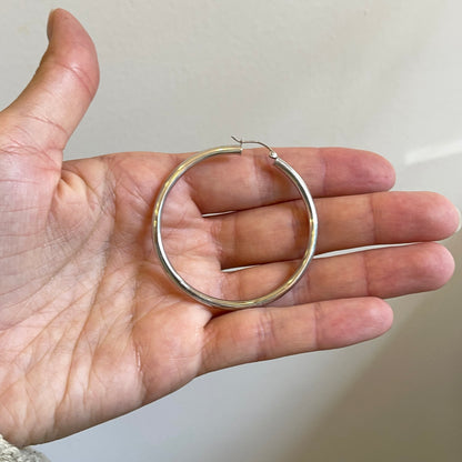 10KT White Gold Shiny 2.8mm Tube Round Hoop Earrings 48mm
