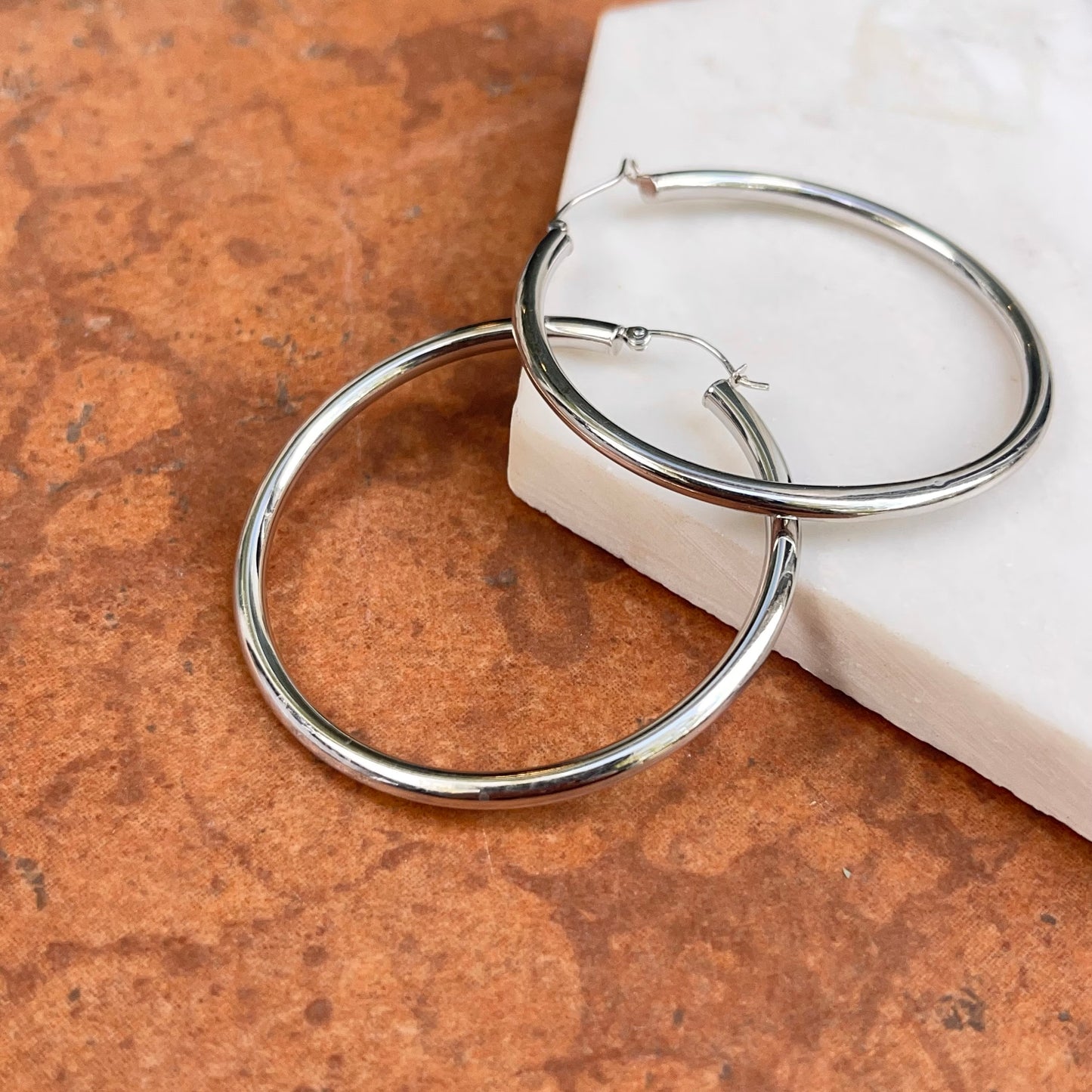 10KT White Gold Shiny 2.8mm Tube Round Hoop Earrings 48mm