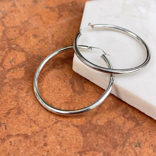10KT White Gold Shiny 2.8mm Tube Round Hoop Earrings 48mm