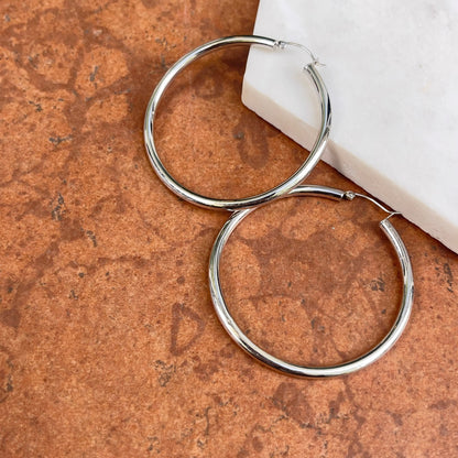 10KT White Gold Shiny 2.8mm Tube Round Hoop Earrings 48mm