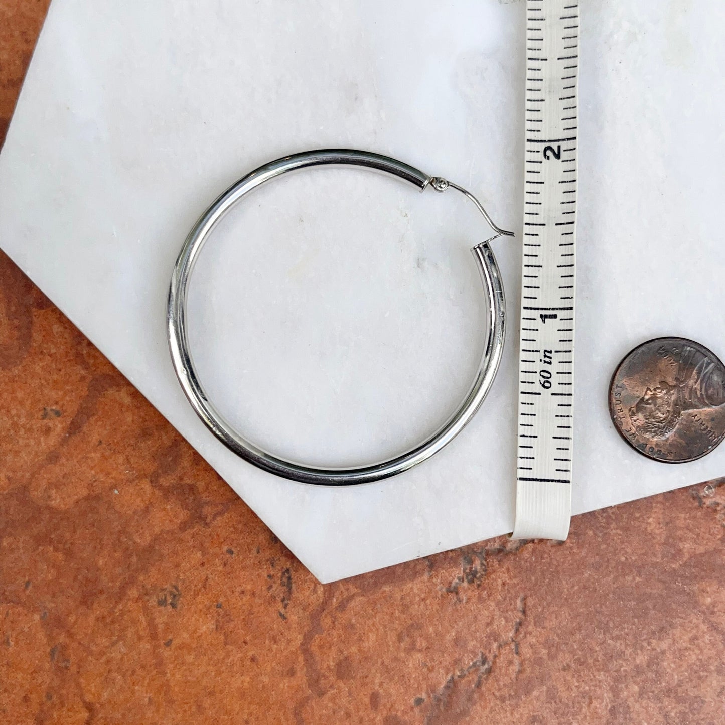 10KT White Gold Shiny 2.8mm Tube Round Hoop Earrings 48mm