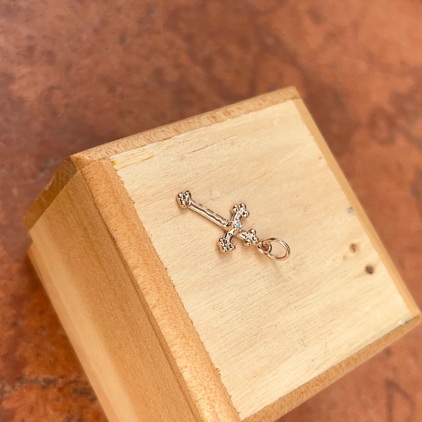 10KT Rose Gold Small .01 CT Diamond Budded Style Cross Pendant Charm