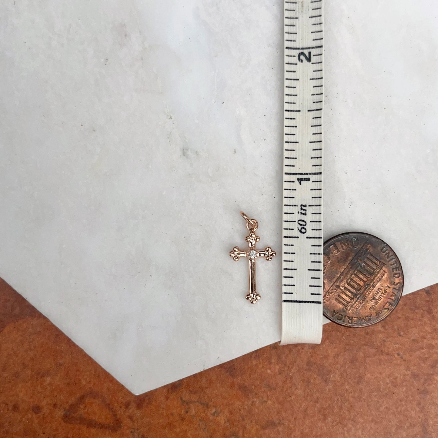 10KT Rose Gold Small .01 CT Diamond Budded Style Cross Pendant Charm