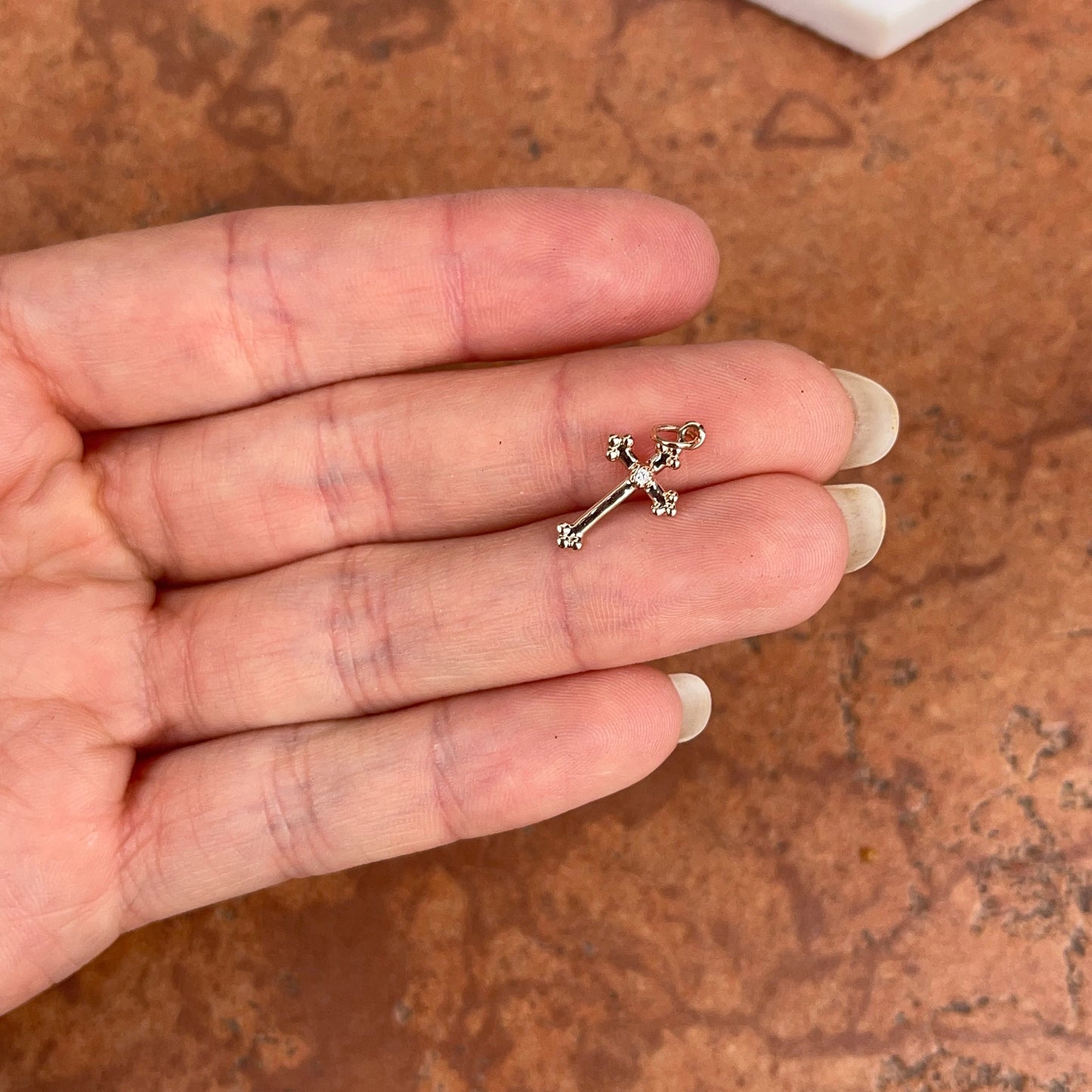 10KT Rose Gold Small .01 CT Diamond Budded Style Cross Pendant Charm