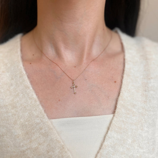 10KT Rose Gold Small .01 CT Diamond Budded Style Cross Pendant Charm