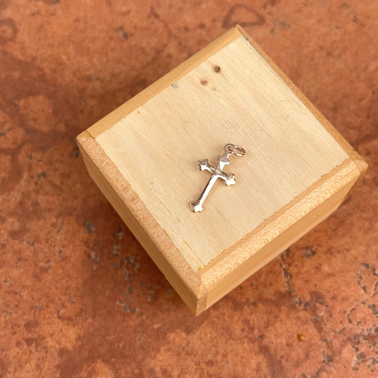 10KT Rose Gold Small .01 CT Diamond Budded Style Cross Pendant Charm