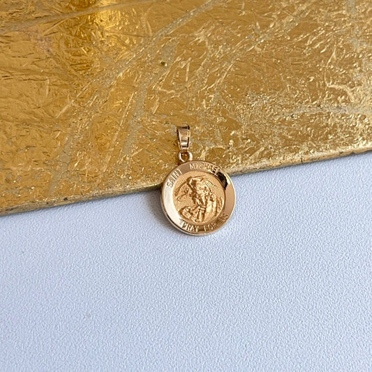 14KT Yellow Gold St Michael Patron Saint of Police Round Medal Pendant 15mm