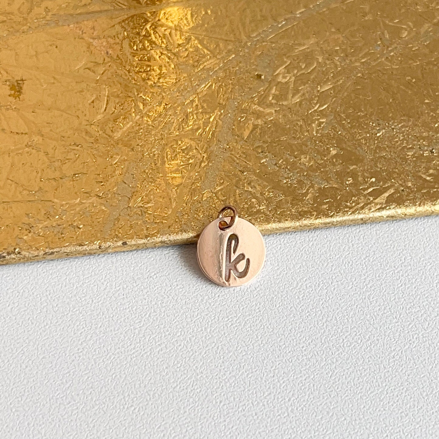 14KT Rose Gold Initial K Cut-Out Disc Mini Pendant Charm
