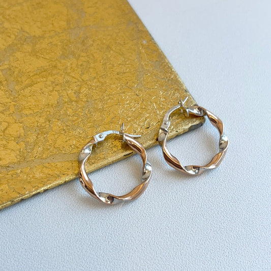 10KT Rose Gold + White Gold Satin Twisted Tube Hoop Earrings 22mm