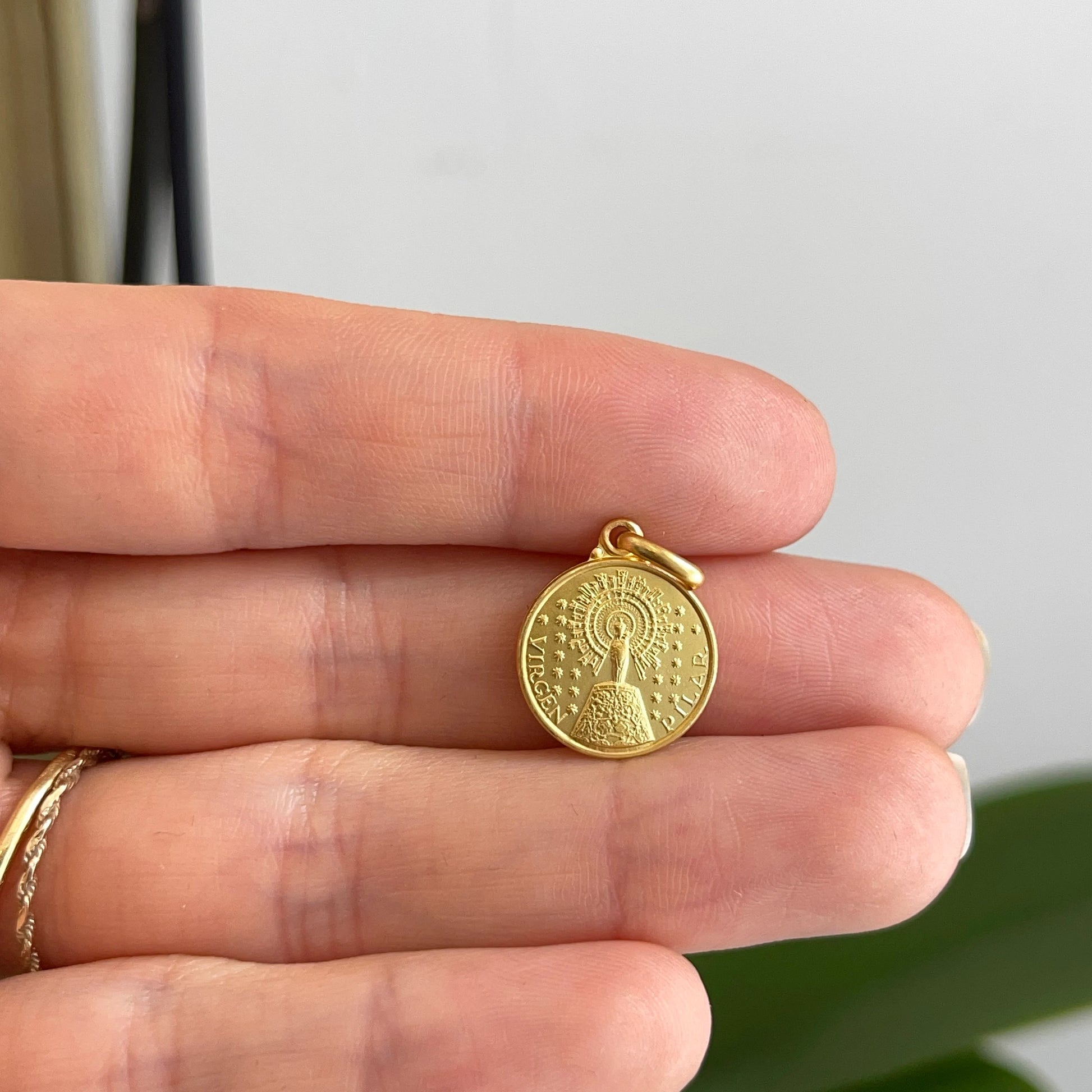 18KT Yellow Gold Solid Our Lady of Pilar 14mm Medal Pendant Charm Matte - LSJ