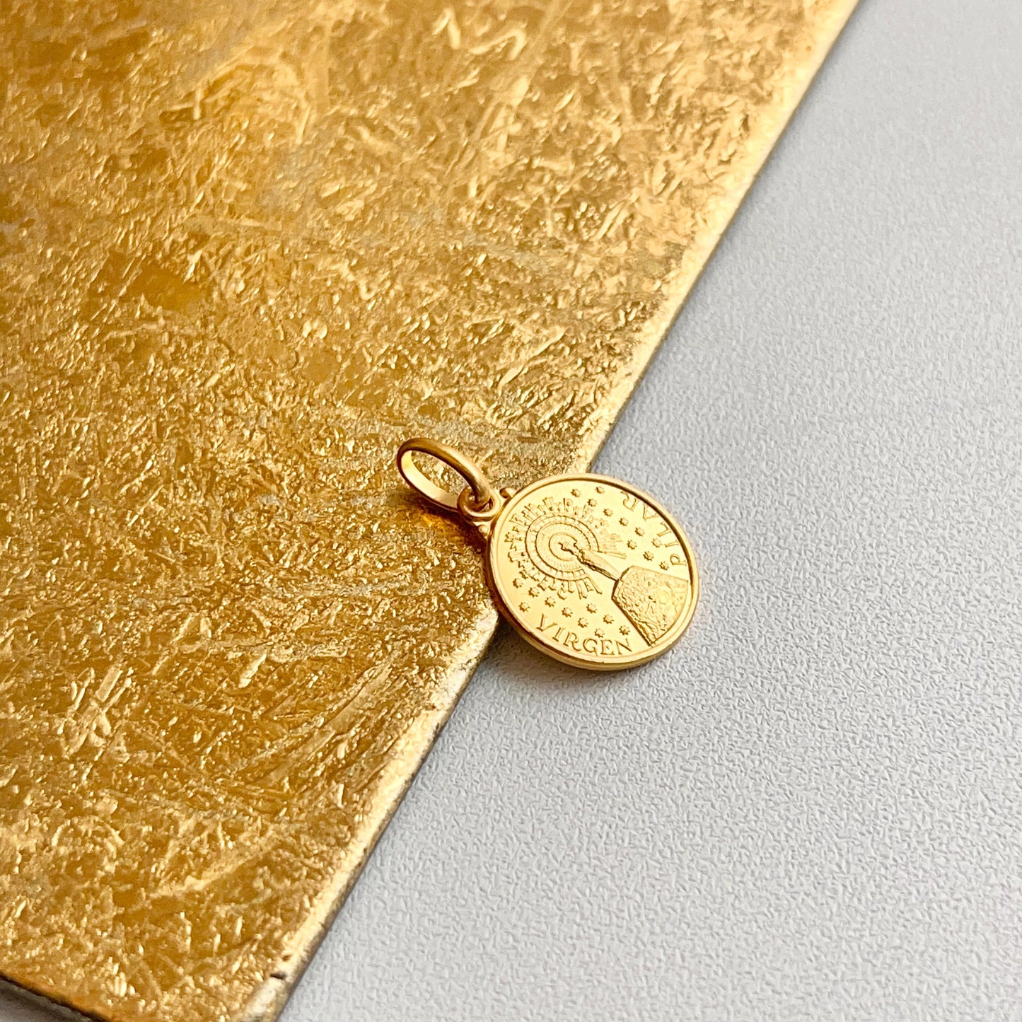 18KT Yellow Gold Solid Our Lady of Pilar 14mm Medal Pendant Charm Matte - LSJ