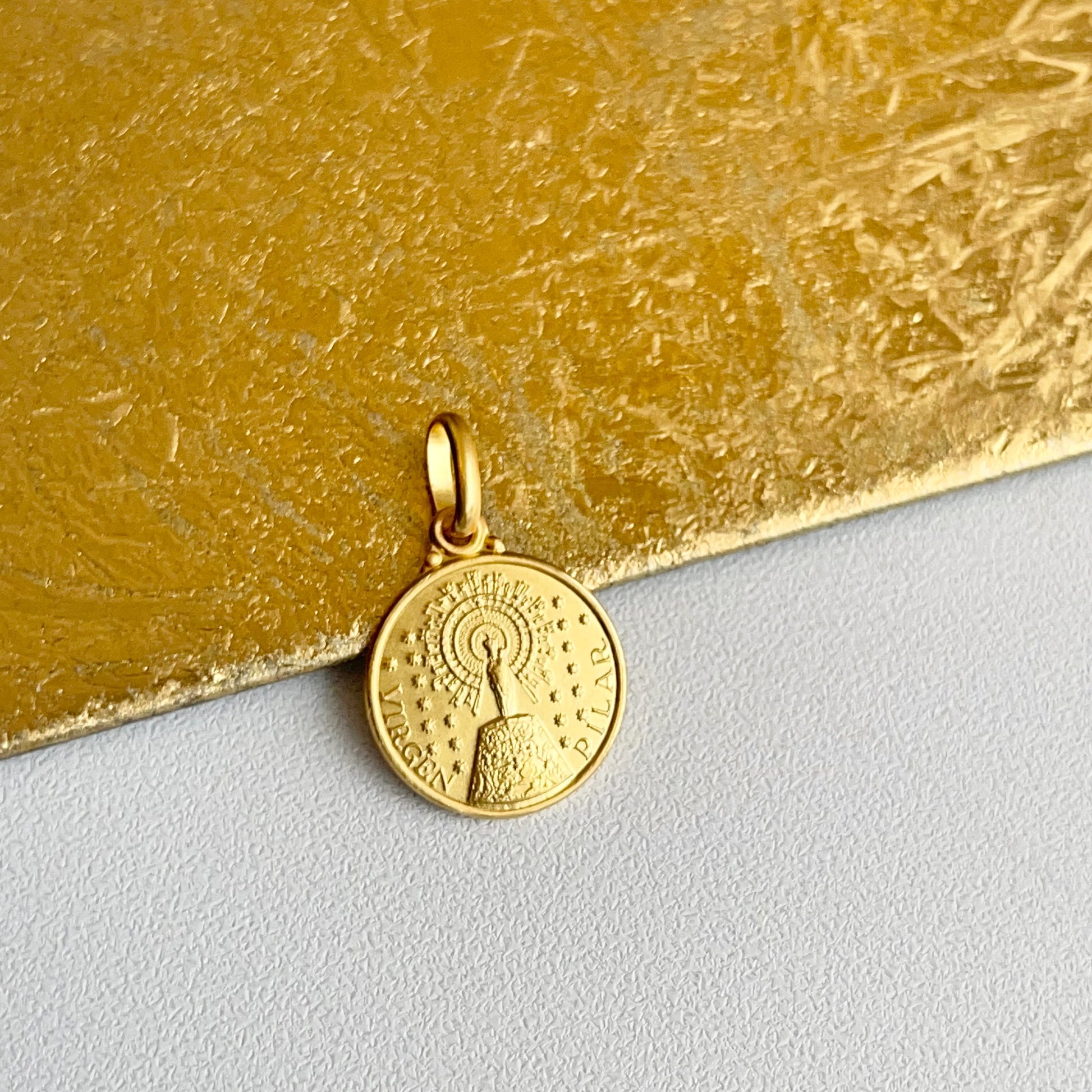 18KT Yellow Gold Solid Our Lady of Pilar 14mm Medal Pendant Charm Matte - LSJ